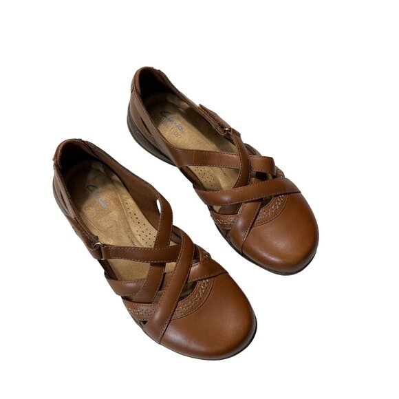 Clarks Collection Brown Leather Crisscross Flats Size 9 - Picture 2 of 10